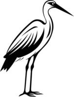 Simple black and white illustration of a heron standing on one leg vector