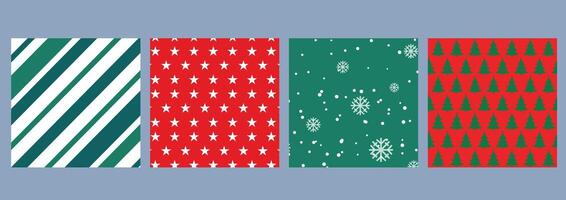 Set of festive Christmas patterns with stripes, stars, snowflakes, and tree. Christmas wrapping paper pattern. Winter holiday decoration vector