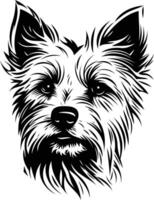 A striking black and white illustration of a yorkshire terrier's head, showcasing its expressive features and fluffy fur vector