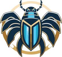 A stylized, cartoon like scarab beetle design, featuring a blue and gold color scheme and a circular, halo like outline vector