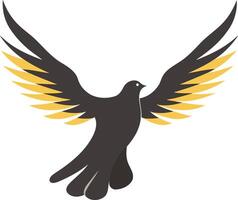 A stylized dove in flight, with black wings accented by golden feathers vector