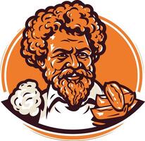 A vintage-style illustration of a smiling man with a beard and an afro, holding bread vector