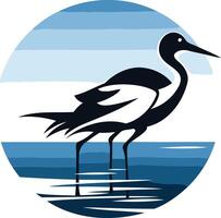 A stylized silhouette of a heron standing in shallow water, against a blue and white circular background vector