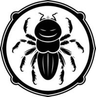 A striking black and white illustration of a stylized beetle, framed in a circular design vector