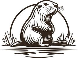A striking black and white illustration of an otter sitting on a rock by a river, with a sun rising behind it vector