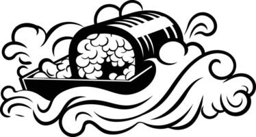 Black and white illustration of a sushi roll with waves in the background vector