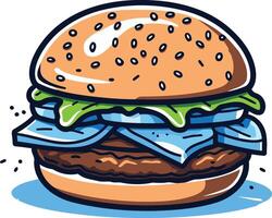 A cartoon illustration of a delicious looking burger with lettuce, cheese, and onion vector
