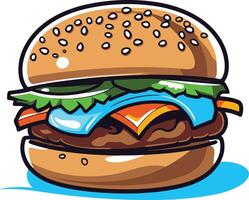 A colorful cartoon illustration of a juicy burger with lettuce, cheese, tomato, and onion vector