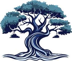 A stylized blue tree with swirling, flowing lines representing strength, resilience, and growth vector