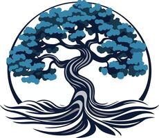 A stylized blue tree with flowing roots, symbolizing growth, strength, and connection vector