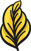 A simple, cartoon style yellow leaf with black outlines vector