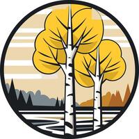 A stylized logo featuring two birch trees with yellow foliage against a backdrop of a forest and a flowing river vector