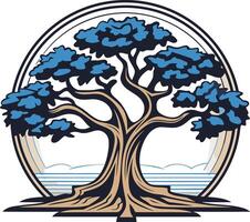 A stylized illustration of a blue leaved tree with a thick trunk and strong roots, set against a circular background vector