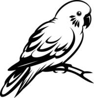 Black and white line art illustration of a parrot perched on a branch vector