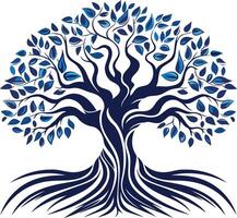 A stylized blue tree with intricate roots and branches, symbolizing growth, strength, and connection vector