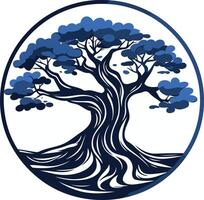 A stylized blue tree in a circle, representing growth, longevity, and stability vector