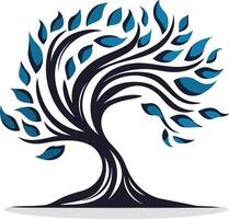 Abstract tree logo design featuring a stylized tree with flowing branches and blue leaves, representing growth, nature, and life vector