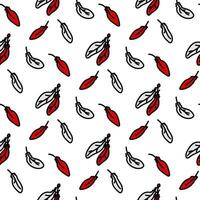 Hand-drawn seamless pattern in the form of colored feathers. Soft, light feathers fly, fall. Contour illustration of line and color. illustration-sketch for wallpaper, fabric, textiles. red vector