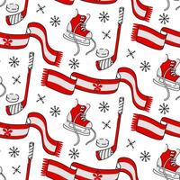 pattern with elements of winter sports in the Canadian color scheme. Hockey skates, a stick with a puck, a scarf. The elements are made in red and white tones, around snowflakes. Doodle elements vector