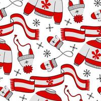 pattern with elements of winter clothing in the Canadian color scheme. Sweater, scarf, hat and mittens in snowflakes. The elements are made in red and white tones, around snowflakes. Doodle elements vector