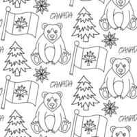 a pattern with doodle elements in a Canadian theme. Bear, flag of Canada, Christmas tree, Canada inscription, snowflake. The elements are made in black tones on a white background. Doodle Elements vector