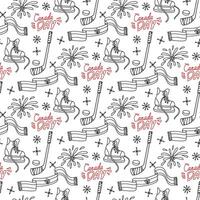 pattern with elements of doodle winter sports in a Canadian theme. Hockey skates, a stick with a puck, a scarf, fireworks, Canada Day. elements are made in red, white tones, around snowflakes. Doodle vector