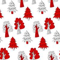 pattern with oaks and fir trees in red and white colors, stylized as doodle art. Trees are depicted in a flat style using contours and lines, painted in red and white colors. Seamless texture vector