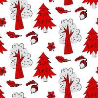 pattern with oaks and fir trees with acorn and maple leaf in red and white colors, stylized as doodle art. Trees are depicted in a flat style using contours, painted in red and white colors. Seamless vector