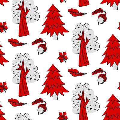 pattern with oaks and fir trees with acorn and maple leaf in red and white colors, stylized as doodle art. Trees are depicted in a flat style using contours, painted in red and white colors. Seamless