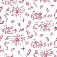 Seamless pattern with fireworks and confetti doodle on Canada Day. A contour illustration depicting festive objects in red tones, symbolizing the holiday dedicated to Canada Day, on white background. vector