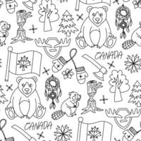 pattern of doodle illustrations on Canadian theme in flat contour style. Canada Day. Individual objects, animals on a white background. It is ideal for creating souvenirs and printed products. vector