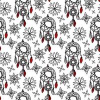 Hand-drawn seamless pattern in the form of a dreamcatcher, snowflakes. A bohemian mascot, ethnic boho style, a symbol of magical tribe. illustration-sketch for wallpaper, fabric, textiles. red vector
