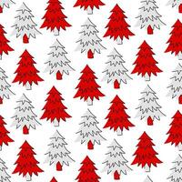 pattern of Christmas trees in red and white colors, stylized as doodle art. The trees are depicted in a flat style using contours, painted in red and white colors. Seamless texture of nature Christmas vector