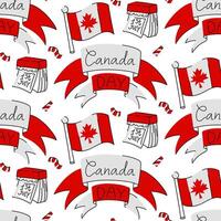 pattern for the Canada Day holiday. first of July is a calendar, a flag with maple leaf, an inscription on ribbons in confetti. Doodle illustration for textiles, drawing, background or design. vector