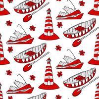pattern for the topic of holidays in Canada. Doodle illustration of Mayak, mountains, canoe with maple leaves. drawings in red colors are handmade for textiles, drawing, background or design vector