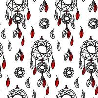 Hand-drawn seamless pattern in the form of a dreamcatcher, a feather. bohemian mascot, ethnic boho style, a symbol of a magical tribe. illustration-sketch for wallpaper, fabric, textiles. red vector