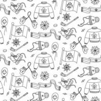 pattern with elements of doodle winter sports in Canadian theme. Hockey skates, a stick with a puck, a scarf, a balloon, Canada Day. elements are made in red and white tones, around snowflakes. Doodle vector