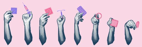 Hands holding contraceptives, collage in the style of pop art grunge on pink. Made in a halftone style using dots, cropped from the bottom. Set of hands and contraceptives in different poses vector