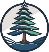 A simple, minimalist logo design featuring a stylized pine tree set against a background of hills and a snowy sky vector