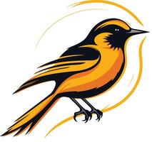 A vibrant illustration of a yellow bird with black accents, perched on a branch with a sunburst behind it vector