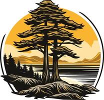 A majestic pine tree stands tall against a scenic sunset backdrop, with mountains and a tranquil lake in the distance vector