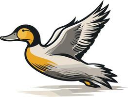 A stylized illustration of a duck in flight, with its wings spread wide vector