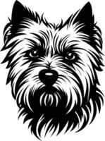 A striking black and white illustration of a yorkshire terrier's head, capturing its playful spirit and affectionate gaze vector