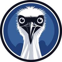 A bold, cartoon-style logo featuring the head of an emu, looking directly at the viewer with a curious expression vector