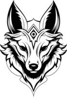 Bold and intricate black and white illustration of a fox's face with a geometric pattern on its forehead vector