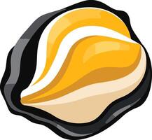 A cartoon illustration of a closed seashell with a yellow, white, and black striped pattern vector