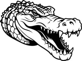 A fierce, black and white illustration of an alligator head, teeth bared in a menacing snarl vector