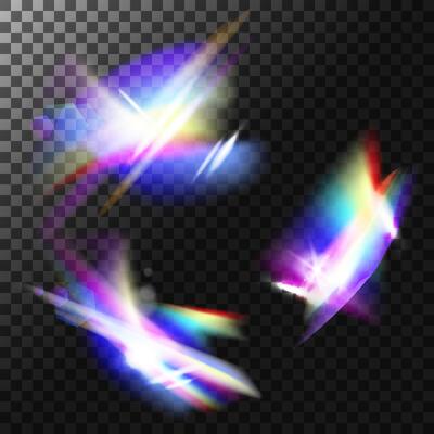 Rainbow crystal light leak flare reflection effect set.Realistic Overlay rainbow effect, prism crystal light refraction. Optical rainbow lights beam flare leak overlay streaks. illustration