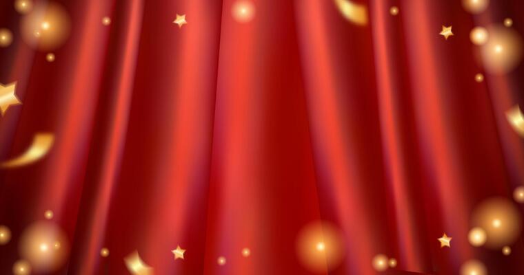 Realistic Red curtain drapery background horizontal banner with frame with lights, sparkles, glitter and stars of gold color, magic 3D Backdrop. illustration silk, satin, drapery fabric