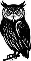 Black and white silhouette of an owl with sharp eyes, perfect for logos, tattoos, or any design project requiring a powerful symbol of wisdom vector